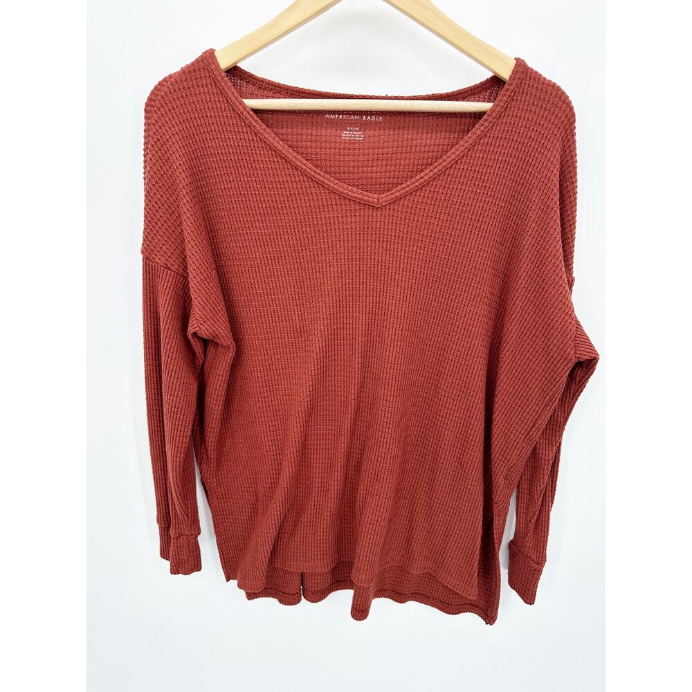 American Eagle Rust Red Waffle Knit Thermal V-Neck Shirt Women Small S 2305